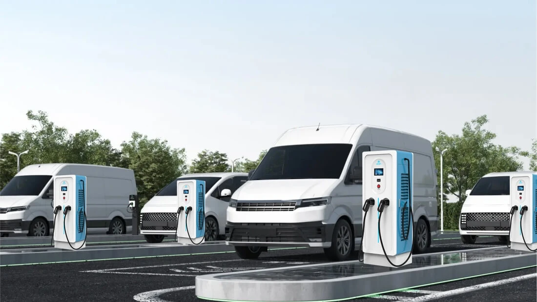 Commercial EV fleet charging depot solution for electric logistics vans and heavy-duty trucks.